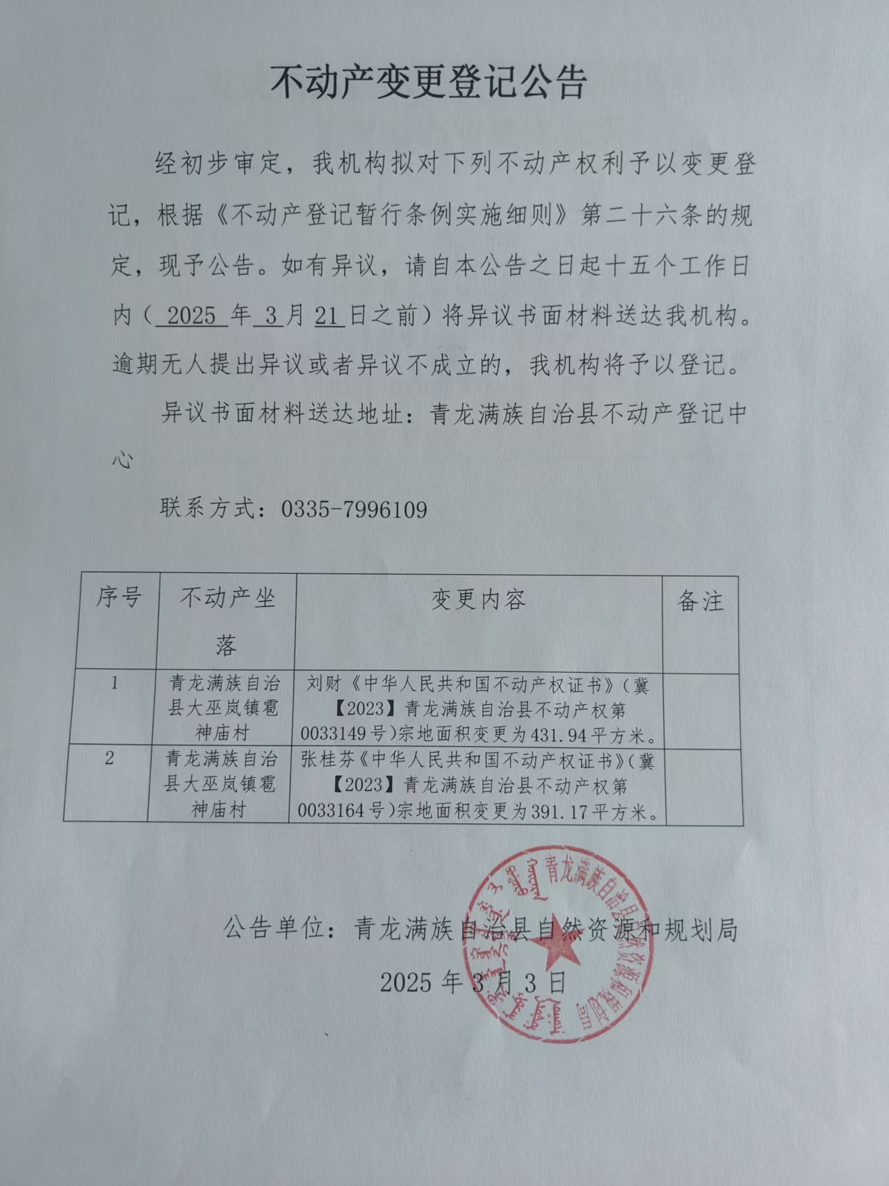 青龙满族自治县自然资源和规划局关于大巫岚镇雹神庙村刘财、张桂芬不动产变更登记公告.jpg
