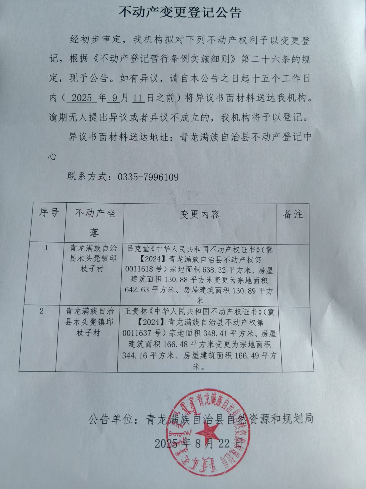青龙满族自治县自然资源和规划局关于木头凳镇邱杖子村不动产变更登记公告.jpg