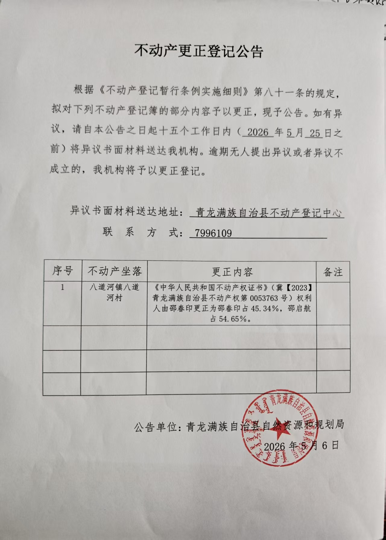 青龙满族自治县自然资源和规划局关于八道河镇八道河村不动产更正的公告.jpg